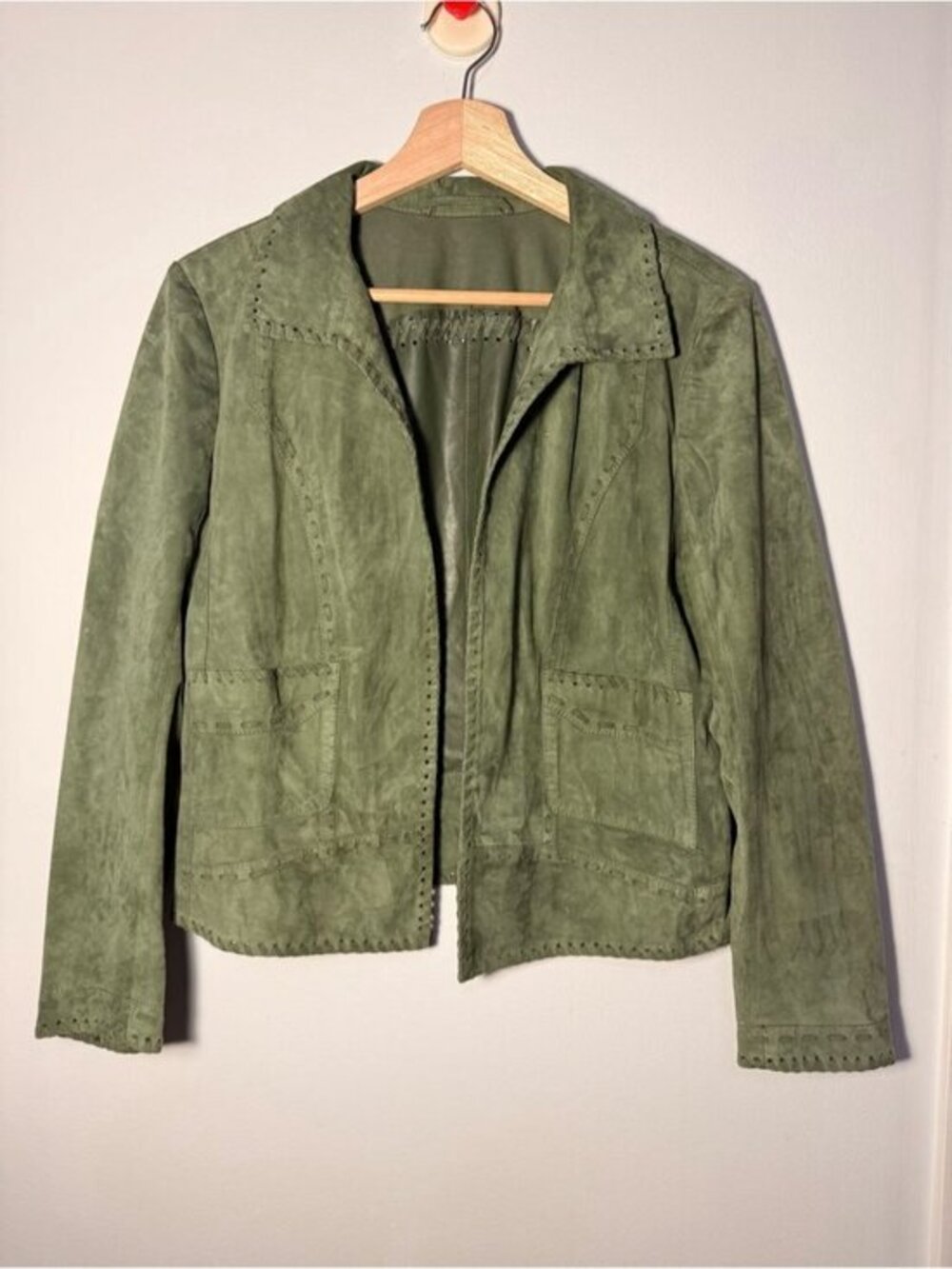 SCHYIA Olive Suede Moto Jacket Genuine Lamb Leather Jacket size 38